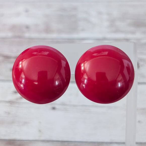 Vintage Clip On Earrings 1 & 1/8" Large Domed Circular Red Retro Statement - Picture 1 of 5